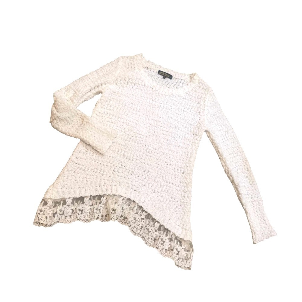 Absolutely famous nubby knit sweater lace handkerchief hem off white size medium